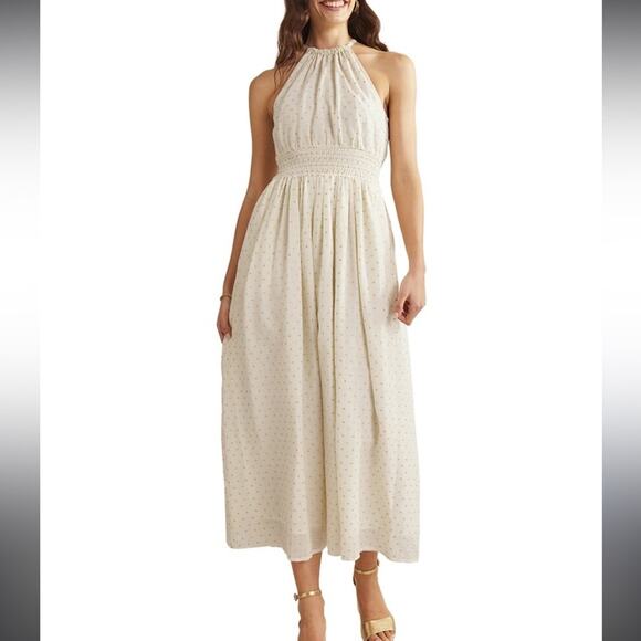 New Boden Cream Gold Metallic Detail Sleeveless Open Back Maxi Dress Women sz 14